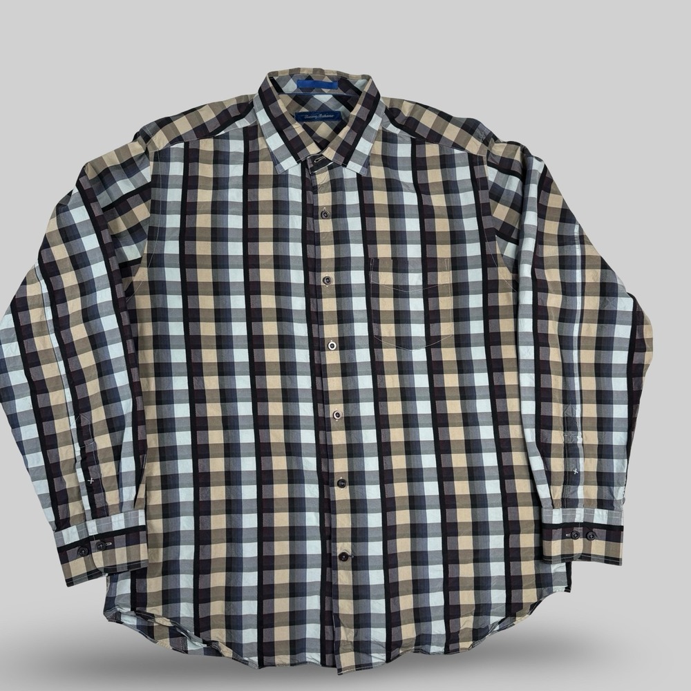 Tommy Bahama Button Up Shirt Mens Large Multi Color Plaid 100% Silk Long Sleeve